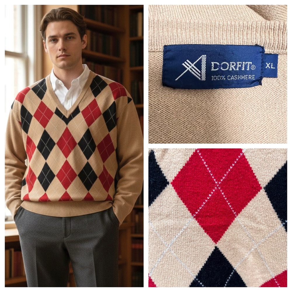 Dorfit Cashmere Argyle Sweater Mens‎ XL Tan Red Black Vintage 90s Preppy Acaemia